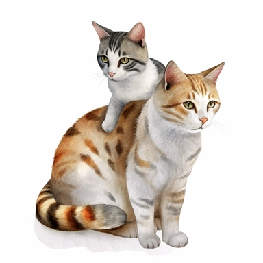 baby cat on back of adult female cat, clipart, bright colors, sty6le of Cecily Mary Barker, isolated white background