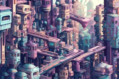 a close up of a infinite loop cyberpunk city on a white background, james gilleard and james jean, escher, trending on artisation, connectedness, scutoid, mit technology review, by Sam Spratt, dan mcpharlin : : ornate, wormholes, tetris, monolithic, stylized stl, clipart icon, simple 4 colors from gray to metalic blue, vector-based, sharp border, plane color and very define, high quality, digital art, 8k resolution, masterpiece, congruent, amazing, incredible, awe-inspiring, mind-blowing, master