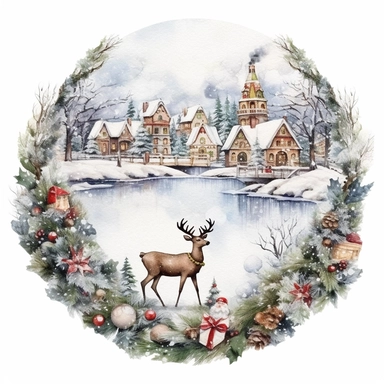 vintage design, advent wreath around, christmas theme Watercolor Cute santa claus wearing Clipart Collection in beautiful winter landscape with a lot of snow and a small lake and a small town with church, moose, advent wreath around, christmas theme, detailed, isolated, white background, one pattern