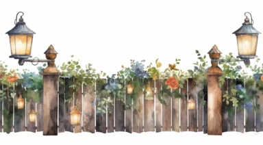 A decorative garden fence with hanging lanterns for nighttime illumination clipart, white background, watercolor drawing