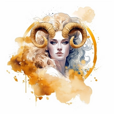atmospheric vision, aries zodiac sign, goddess women, realistic watercolor style art, clipart, zodiac sign, epic, mystic, white background, in golden frame, detailed, 8k