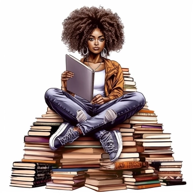 imagination, Clipart illustration of afro cosmepolitian woman sitting on top of books, realistic in the style of nene thomas