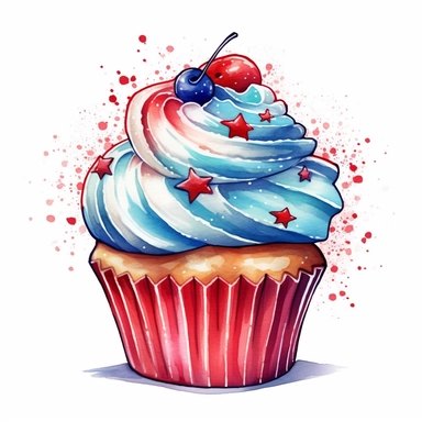 make a clipart of a fancy fourth of july cupcake in red white and blue, watercolor style, white background