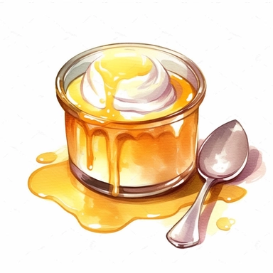 Watercolor japanese egg custard purin with whipped cream clipart, hd, on white background, spaced out