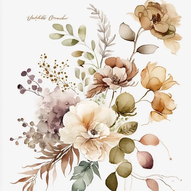 watercolor floral CLIPART flower arrangement, NEUTRAL COLORS, AUTUMN COLOR PALLETT, clipart, MUTED COLORS, no background, blank space for writing, CLEAN OUTLINE, delicate and elegant, dreamy airy color, classic style, airy watery colors, with elements of OLIVE GREEN LEAVES, hd, best quality, 8k,