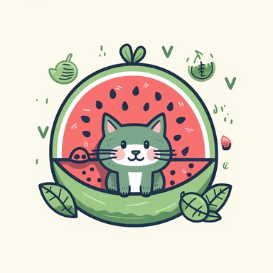 Step into a whimsical summer wonderland with a charming clipart illustration featuring a watermelon and a cat in a delightful cartoon style against a pristine white background. Picture a playful watermelon slice adorned with a friendly cat's face, blending the deliciousness of a juicy fruit with the charm of a feline companion. Utilize a vibrant and lively color palette, incorporating shades of refreshing reds, vibrant greens, and pops of cheerful colors like pink or yellow, to capture the essen
