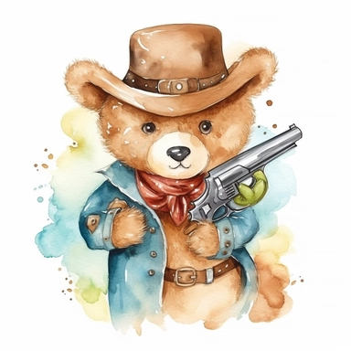 A cute watercolor clipart of a teddy bear dressed in Wild West cowboy attire, with a hat, boots, and a bandana around its neck. The bear has a confident stance and a revolver in its holster