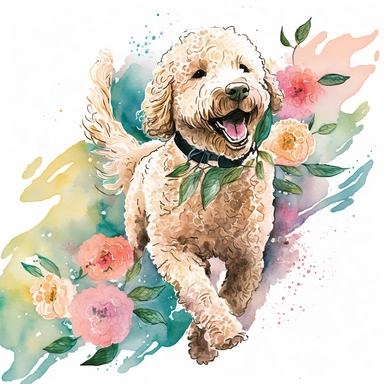 clipart goldendoodle running with roses collar water color pastel colors