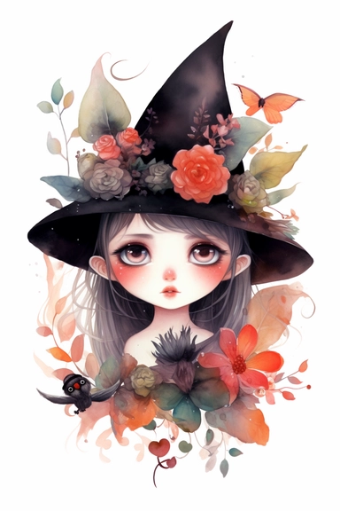 small and cute witch with big eyes and cute fairy ears, black flowers, red flowers, water elements, with bugs, with birds, overcute, looking to the camera, clipart, watercolor, summer flowers at the bottom, cute, love vibes, summer vibes, png, highly detailed,