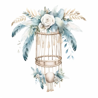 realistic watercolor boho woven baby Crib Mobile, isolated white background, babyshower clipart, 8k, white and light blue colors