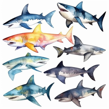 A set of 10 unique watercolor sharks clipart with sharp borders and a white background. Each shark is meticulously hand-painted using watercolors and then digitized to maintain the richness and vibrancy of the original artwork. The sharks are separated from each other, with no overlapping or blending, allowing for easy use in various design projects. The margins are carefully crafted to ensure a seamless integration into any layout or composition. Whether used in educational materials or as part