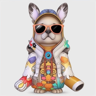 funny kawaii French Bulldog Puppy with Balenciaga sunglasses and cool accessories,cute illustration, clipart, white backgound, Cuttable Design,full body French Bulldog head using light neutral muted colors, feathers, boho style background, watercolor drawing, incorporating elements like feathers, dreamcatchers, or floral patterns, UHD