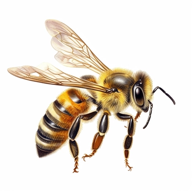watercolor, An educational illustration highlighting the anatomy of a bee's hind leg, specifically focusing on the structure and function of the pollen basket and its role in carrying pollen grains for pollination. (Digital drawing clipart, image black border color, full body, transparent background)