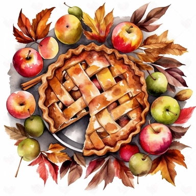 Apple pie, top view, autumn leaves, pumpkins, watercolor, clipart, white background