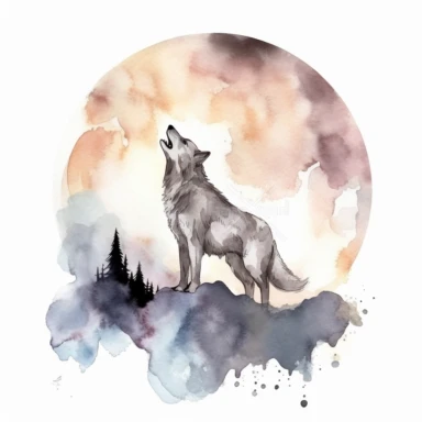 A wolf howling at the full moon, watercolor style, clipart image, no text, no symbols, no logo, on white background