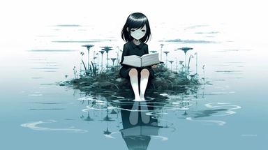 high quality clip art of reading anime girl robot in swamp, black hair and black suit, white solid color background, cold color palette based blue, Pro freelance, Illustration agency, behance style,