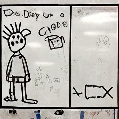 Clipart,Jeff Kinney’s “Diary of a Wimpy Kid” style, A student doodling on the whiteboard that is hanging on the wall in his classroom