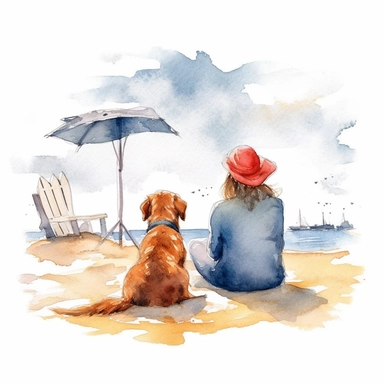 Watercolour cozy sitting on sand with dog by beach clipart