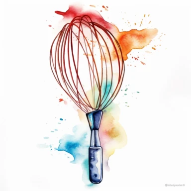 A watercolor whisk clipart against a pristine white background, capturing the graceful movement and functionality of this kitchen utensil. The watercolor technique adds a touch of artistic flair, with flowing strokes that mimic the motion of whisking. The colors chosen are vibrant and energetic, symbolizing the culinary creativity that the whisk represents. The white background provides a clean and minimalist canvas, allowing the whisk to stand out in all its beauty.