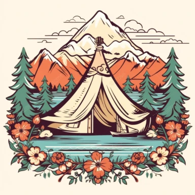 retro illustration of camping tent and river and mountains with art nouveau details and flowers with border, professional clipart, soft boho color palette, inspired by sailor jerry tattoos, epic composition on white background, 8k