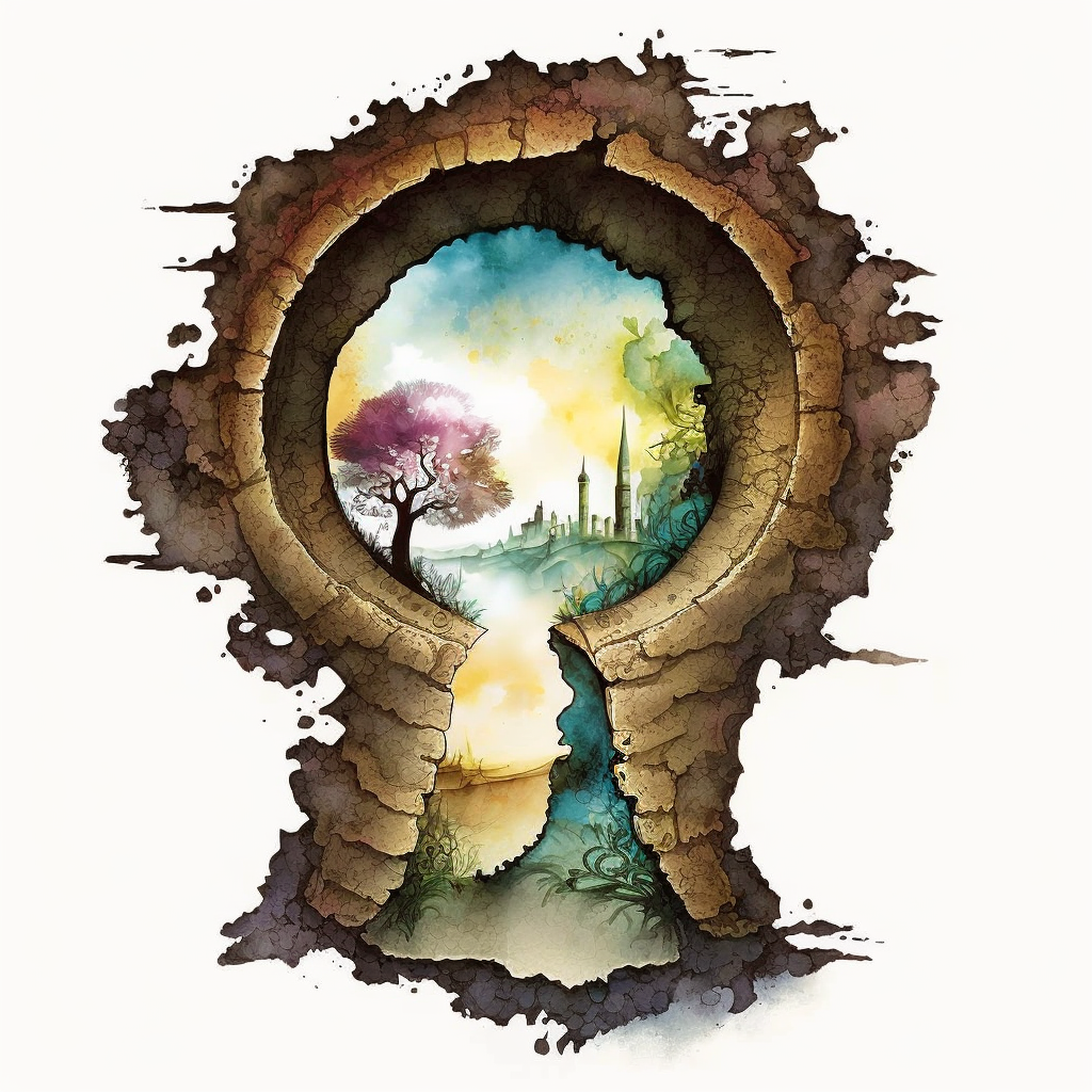 looking through a fantasy keyhole. artwork medium is watercolor clipart