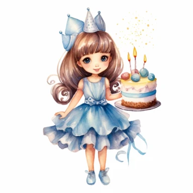 watercolor little princess clipart, blue tone colors, big eyes, smiling, lovely, adorable, wearing crown, holding a piece of brithday cake, full body, on white background