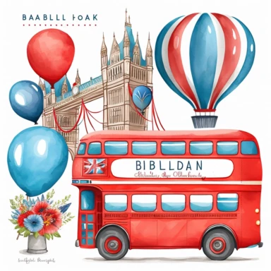 a pixar cartoon red double decker bus with rounded edges, background has tower bridge, London Eye, red blue birthday balloons an buntings, Etsy watercolor clipart svg white background