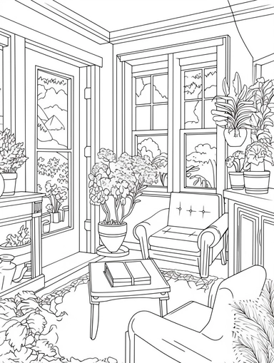 An Adult Coloring Book Featuring Fun and Relaxing Interior Home Designs with Beautifully Furnished Rooms and Welcoming Outdoor Spaces, coloring page line art, black and white clipart for coloring page, simple and clean line art, illustration style,
