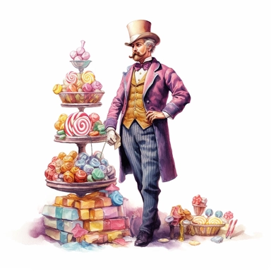 Fairytale style over realistic victorian styled dressed candy seller man in the candyland with watercolor effect,candyland scene,candies,fantasy style,realistic features,vibrant colors,suitable for digital clipart,white background
