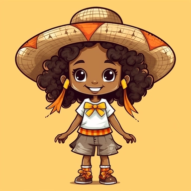 little afro cute girl , braids in her hair with bows at the ends, smiling, beautiful festa junina dress plaid, hugh eyes, straw hat on her head, boots, clipart style, embarressed with black outline,