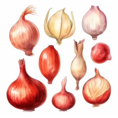 semi photorealistic outlined watercolor illustration, clipart elements, collection [Onions (Red) vegetable] cozy elements, detailed, pastels, beige, spaced, isolated white background