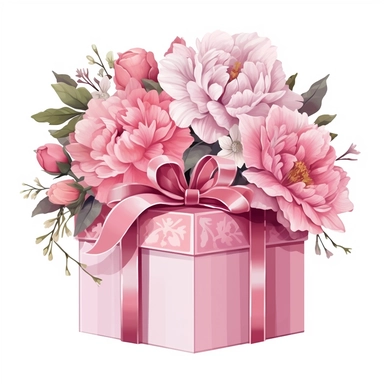 Beautiful Wedding Pink gift box flowers Sublimation Clipart,Cartoon,hyper realistic, intricate detail, illustration style,high solution,on the white background