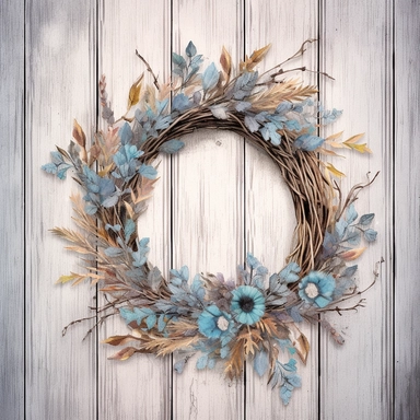 a simple wreath made from dried flowers on an antique , crackled, blue colored wooden door, in the style of rustic americana, intricate foliage, color pencil sketch on a white background for clipart