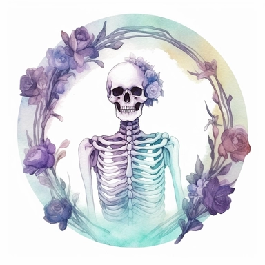 pastel female skeleton with a flower crown and a dress in a circle, half body, cute but spooky Halloween, shades of pastel purple and aqua, glamorous, watercolor, white background with margins, clipart style — uplight