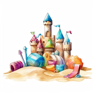 Highly Detailed image of watercolor style clip art style staged sand castles with beach toys and additional accessories on a white background