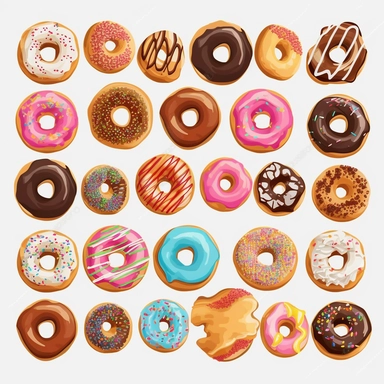 Donut shop clipart, donuts, bagels, white background, hd, spaced out