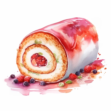 watercolour roll cake, clipart on white background, no watermark, highly detailed, professional color gradation, clean sharpness