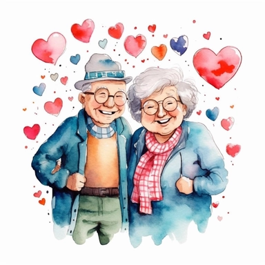 a heartwarming vibrant saturated cartoon watercolor clipart image with a white background, featuring cute sweet extremely happy elderly couple surrounded by hearts