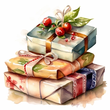 insanely beautiful pile of 3 gift packages , in the style of beatrice potter, 32k uhd, hand-painted details, pastoral illustrations, amazing colour combinations , aquarellist, hd , white background clipart ,-- no watermark--ar 27:37