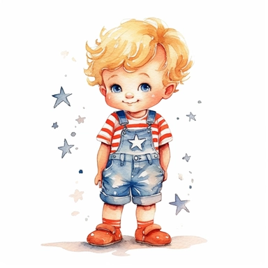 watercolor illustration, cute 1st of July clipart, detailed doodle, white background, adorable doodle clipart USA , highest resolution