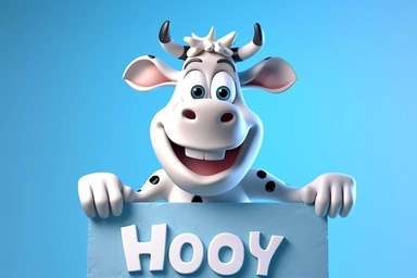 character cartoon cow with banner in clipart 3d image, in the style of unreal engine 5, natalia rak, movie still, matte photo, lightbox, relief, white and cyan