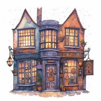 a spooky magic shop decorated for Halloween , diagon alley from Harry Potter inspired, magical, Gouache, white background with margins, Clipart style