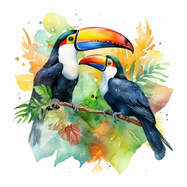Two Toucans sitting proudly on a branch in the forest, looking off into the camera, with a few tropical plants and leaves framing the scene, vivid colors, watercolor by Liu Yi, clipart, solid background, no watermark, 8k