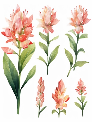 watercolor ginger lily flowers, flat design, clipart set with white background, clearly defined and separated images, high quality,