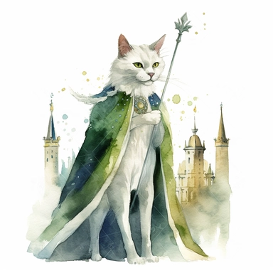 A clipart of a white cat wearing a regal green gown and a crown, holding a scepter and standing in front of a castle as a queen, watercolor style, realistic, bright colors, 300 dpi, 8k, white and clear background