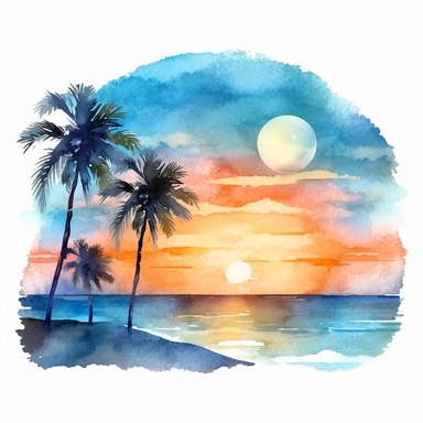 tropical watercolor sunset at the beach, palm trees, clipart, in the style of blue