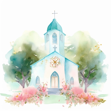 watercolor painting of wedding chapel clipart on plain white background, painted in the style of chiho aoshima