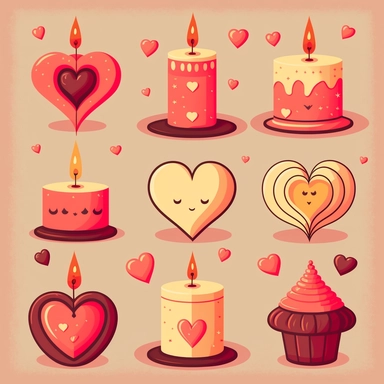 Create a set of playful, cartoon-style clip art images featuring candles with a Valentine's Day theme. The images should have a fun and romantic aesthetic, incorporating elements such as candles in various shapes and sizes, hearts and cupids, or other symbols of love and romance. The images should be depicted in a variety of styles and sizes, with added details such as texture, shading, or other realistic features. The cartoon style should add a fun and playful element. Overall, the images shoul