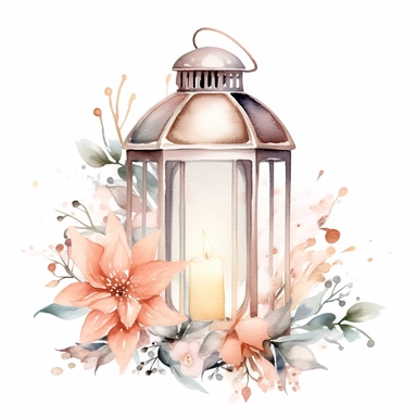 A watercolor clipart showcasing a lantern filled with twinkling fairy lights, surrounded by floral elements, evoking a magical and ethereal cottagecore ambiance , minimalist ,isolated white background,8k