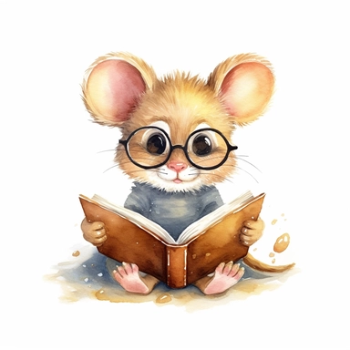 watercolor clipart, cute little brown mouse wearing glasses and reading a book, soft golden glow, isolated and centered on a white background